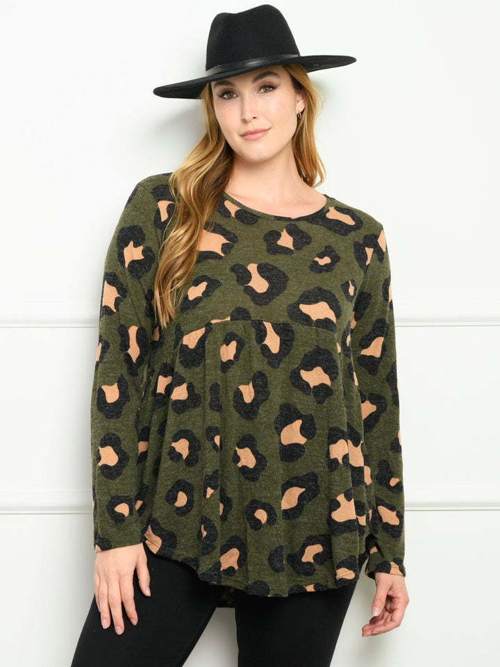 PLUS SIZE LONG SLEEVE ANIMAL PRINT BABYDOLL TOP
