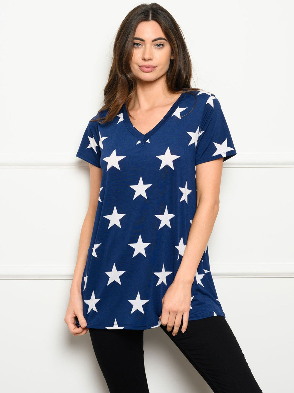 WOMEN'S SHORT SLEEVE V-NECK STARS PRINT TOP
