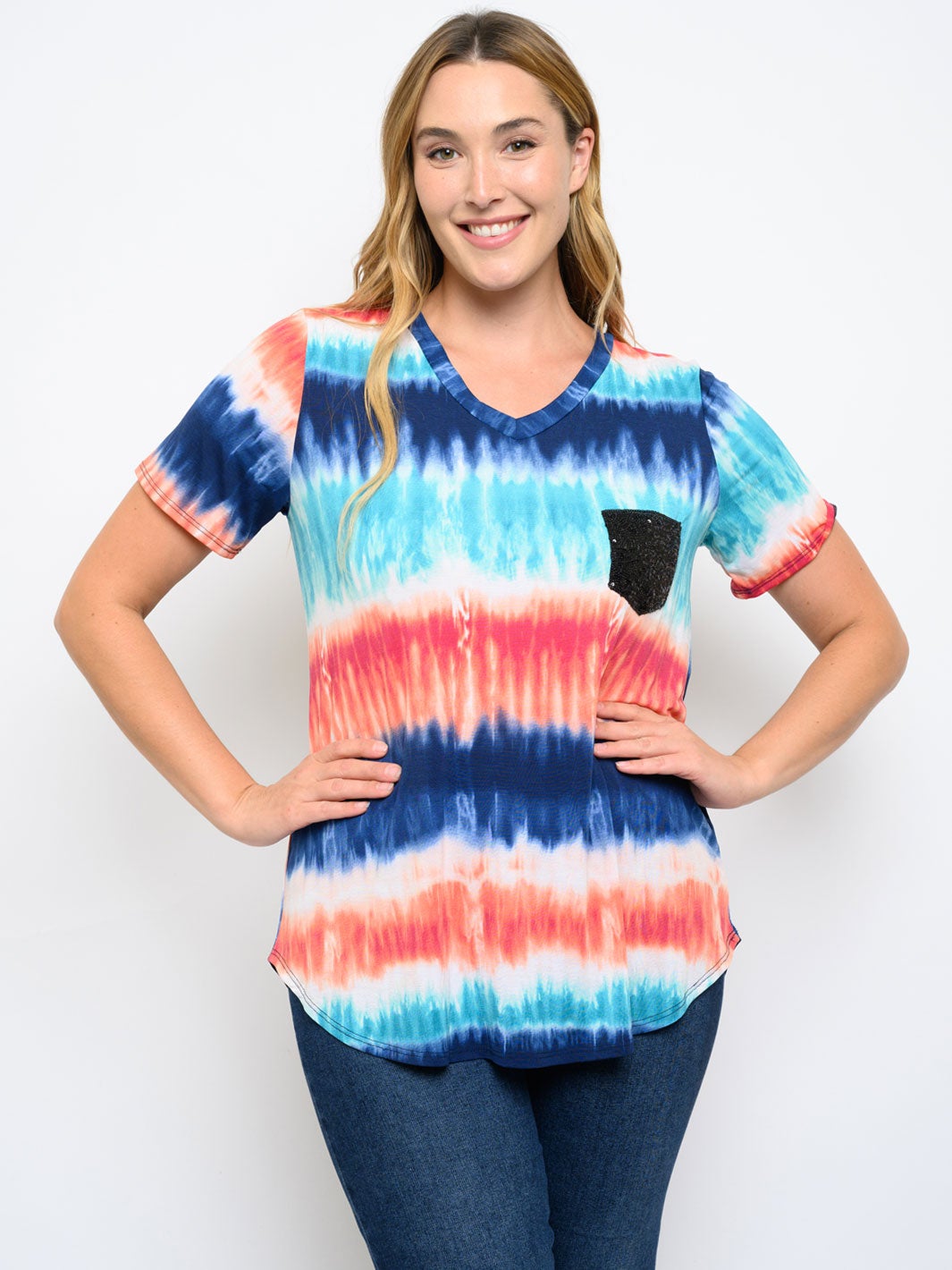 PLUS SIZE SHORT SLEEVE FRONT POCKET TIE DYE TOP