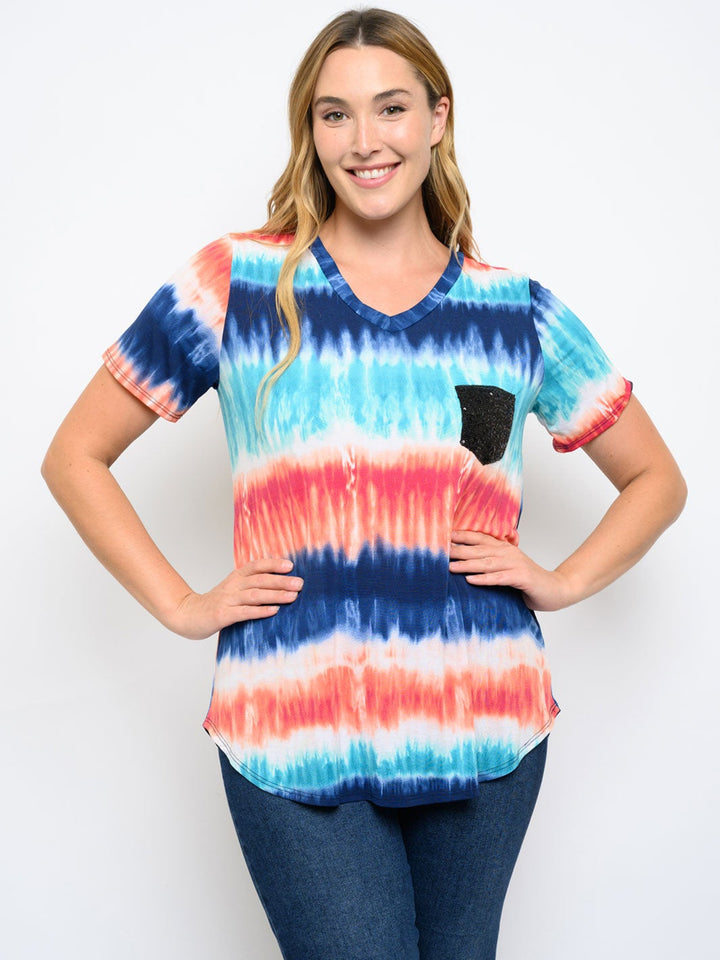 PLUS SIZE SHORT SLEEVE FRONT POCKET TIE DYE TOP