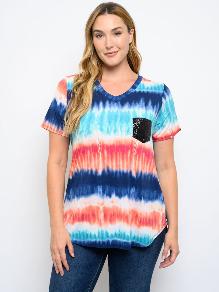 PLUS SIZE SHORT SLEEVE FRONT POCKET TIE DYE TOP