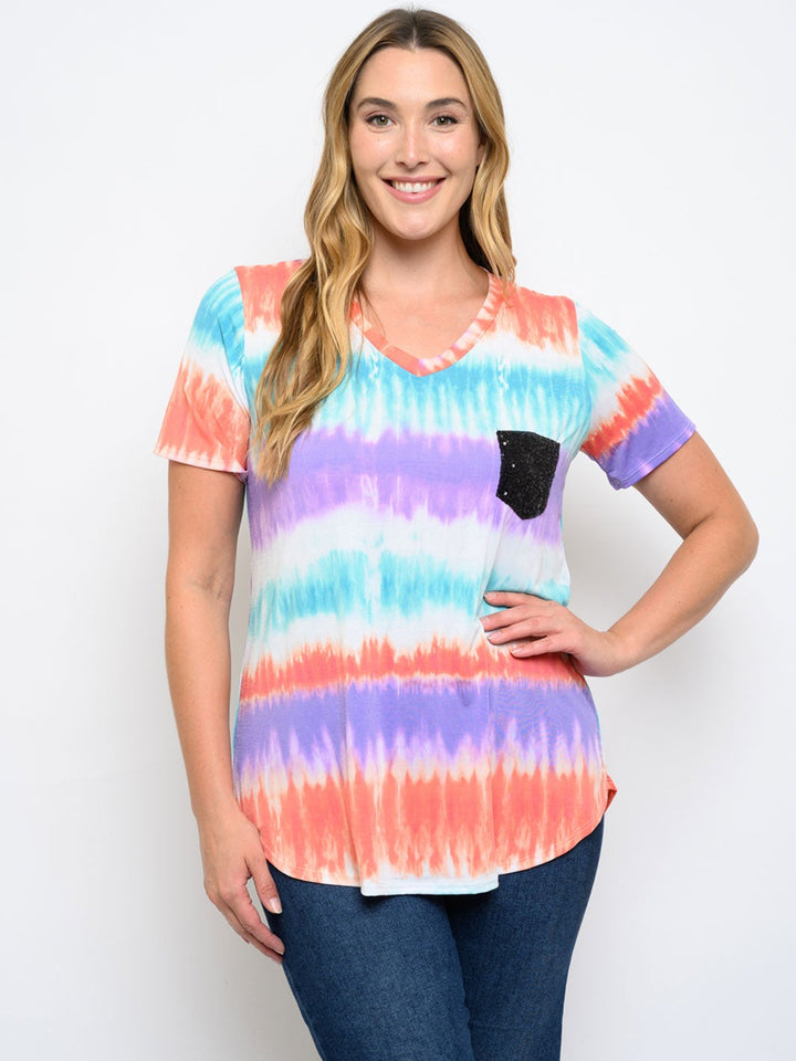 PLUS SIZE SHORT SLEEVE FRONT POCKET TIE DYE TOP