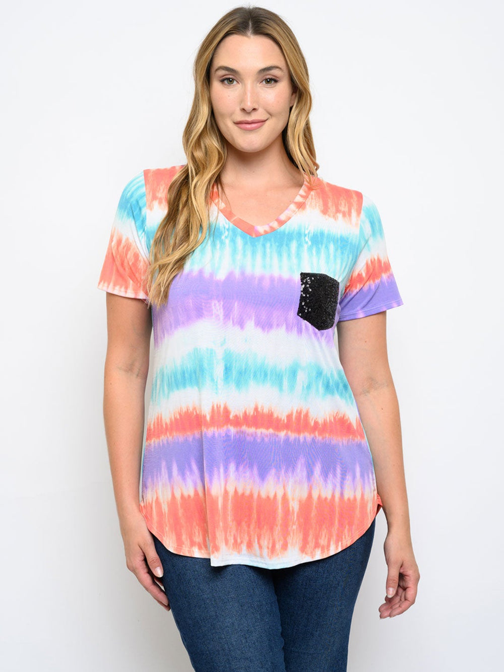 PLUS SIZE SHORT SLEEVE FRONT POCKET TIE DYE TOP