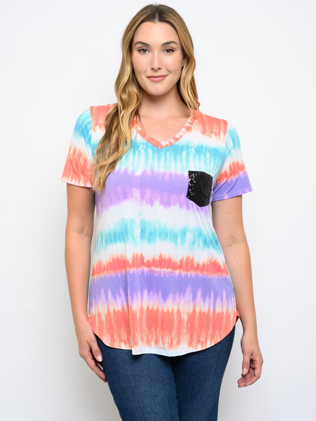 PLUS SIZE SHORT SLEEVE FRONT POCKET TIE DYE TOP