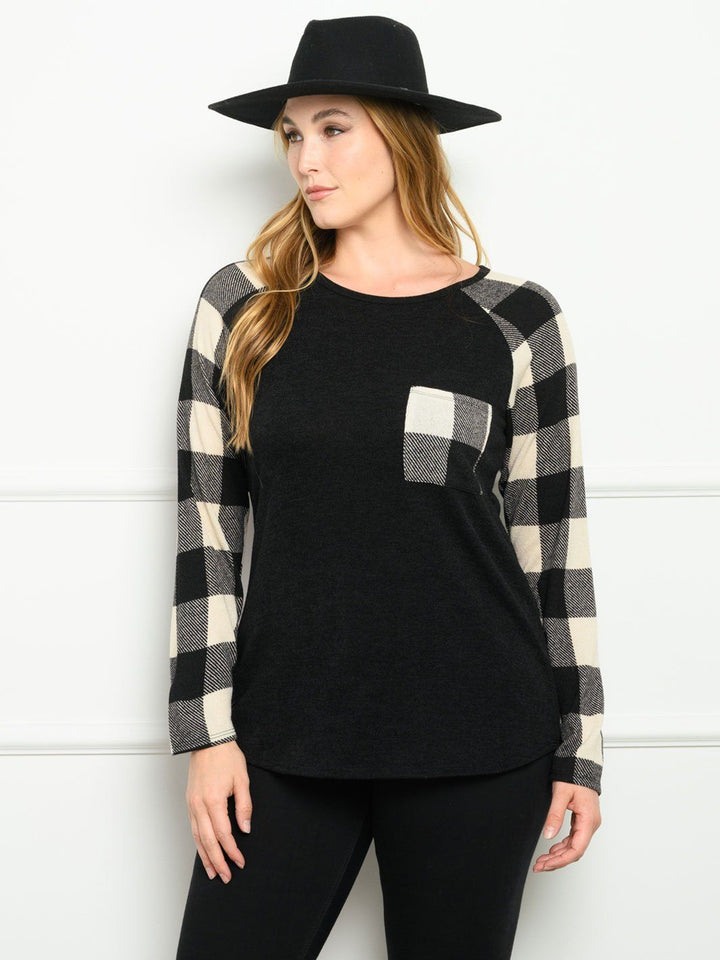 PLUS SIZE CONTRAST PLAID SOLID LONG SLEEVE TOP