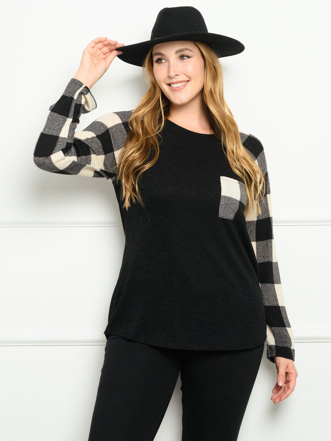PLUS SIZE CONTRAST PLAID SOLID LONG SLEEVE TOP