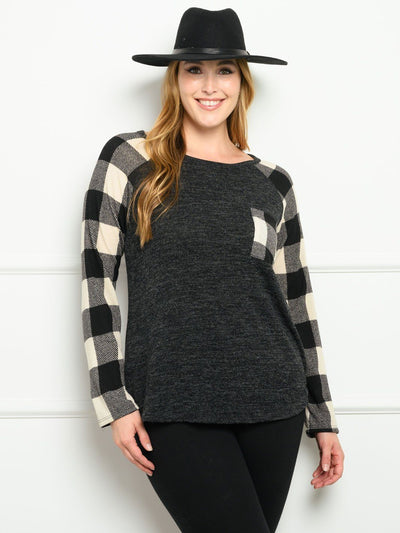 PLUS SIZE CONTRAST PLAID SOLID LONG SLEEVE TOP