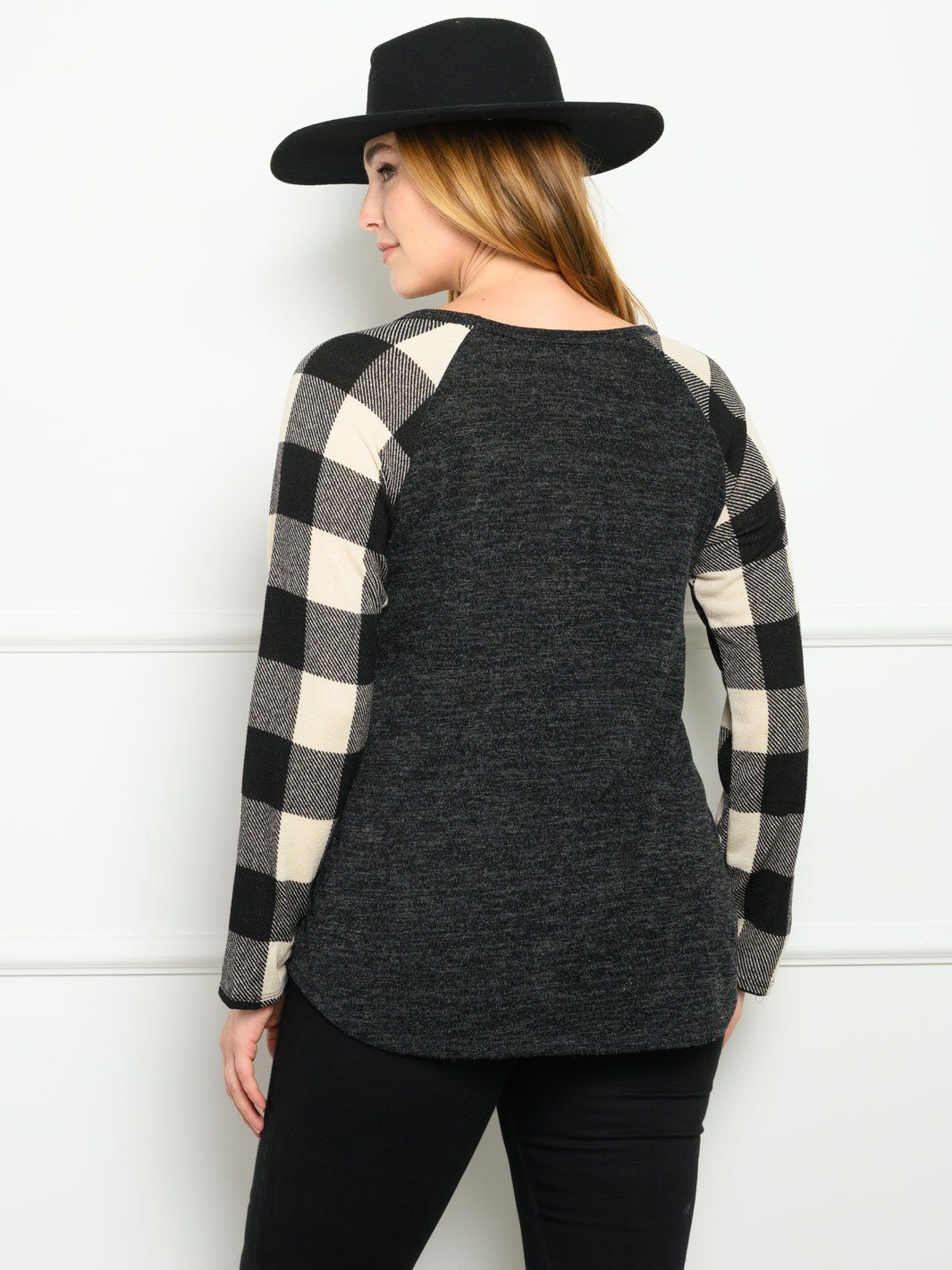 PLUS SIZE CONTRAST PLAID SOLID LONG SLEEVE TOP