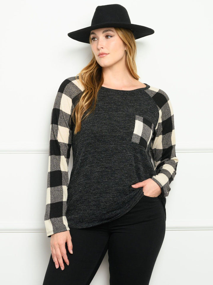 PLUS SIZE CONTRAST PLAID SOLID LONG SLEEVE TOP