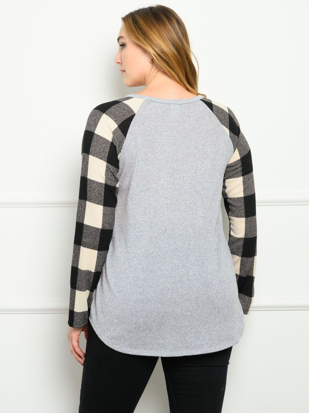 PLUS SIZE CONTRAST PLAID SOLID LONG SLEEVE TOP