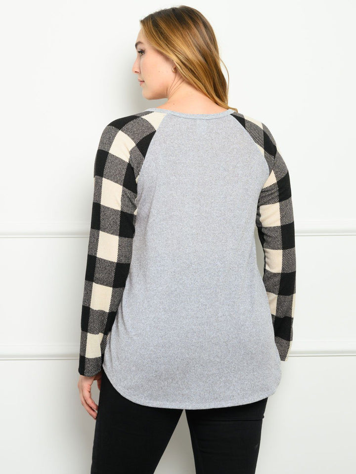PLUS SIZE CONTRAST PLAID SOLID LONG SLEEVE TOP