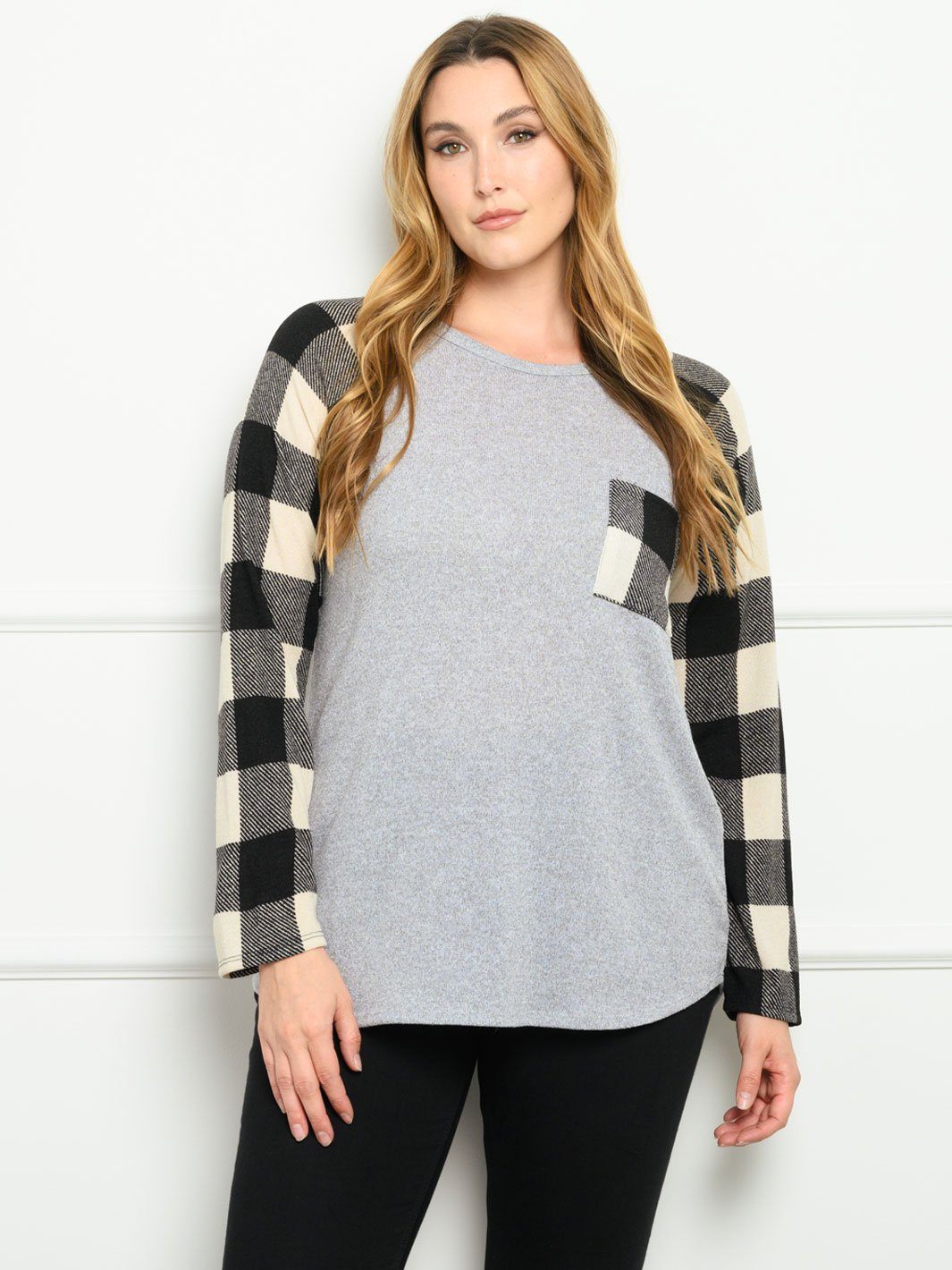 PLUS SIZE CONTRAST PLAID SOLID LONG SLEEVE TOP