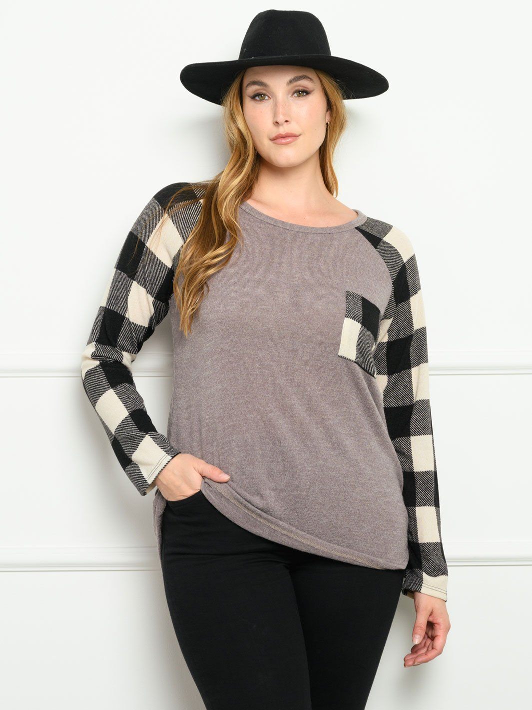 PLUS SIZE CONTRAST PLAID SOLID LONG SLEEVE TOP