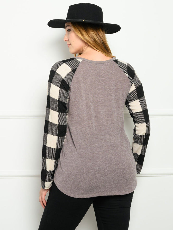 PLUS SIZE CONTRAST PLAID SOLID LONG SLEEVE TOP