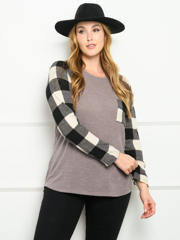 PLUS SIZE CONTRAST PLAID SOLID LONG SLEEVE TOP