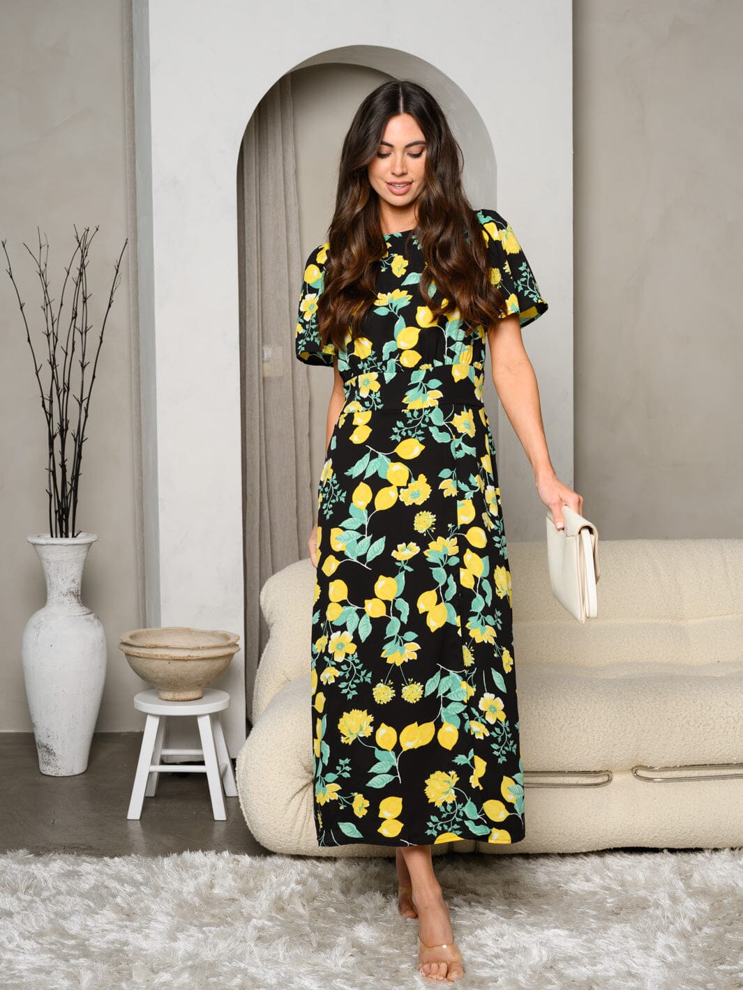 WOMEN'S SHORT SLEEVE FRONT SLIT FLORAL MIDI DRESS