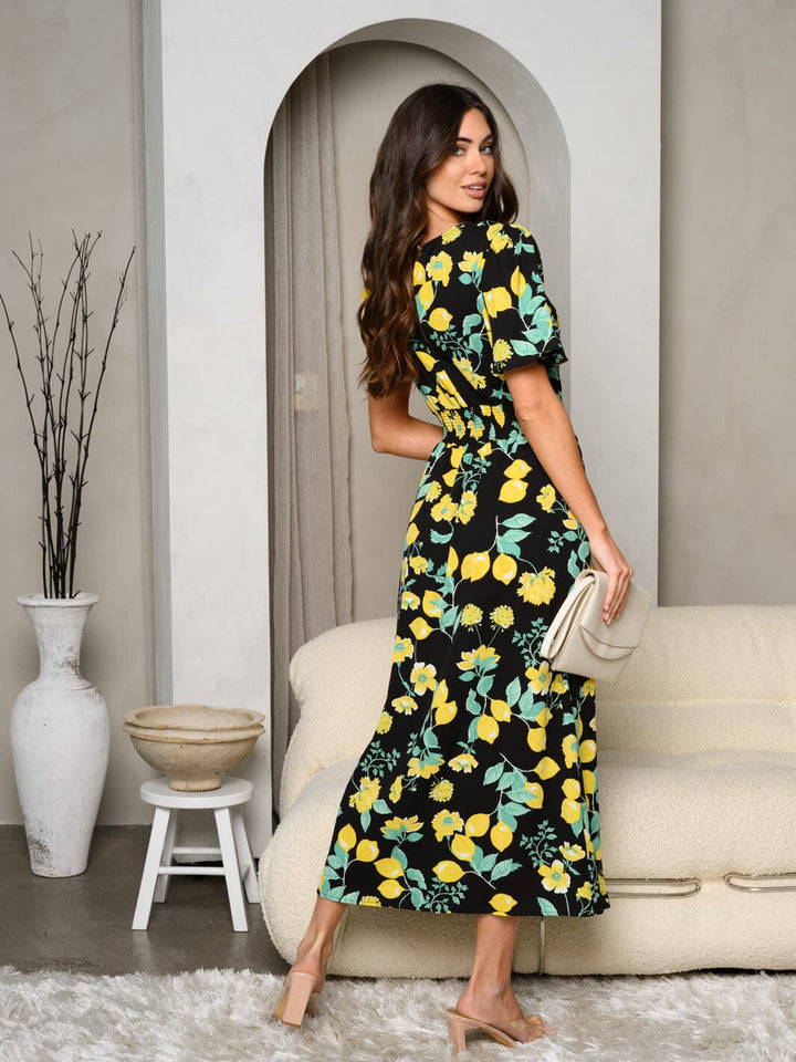 WOMEN'S SHORT SLEEVE FRONT SLIT FLORAL MIDI DRESS