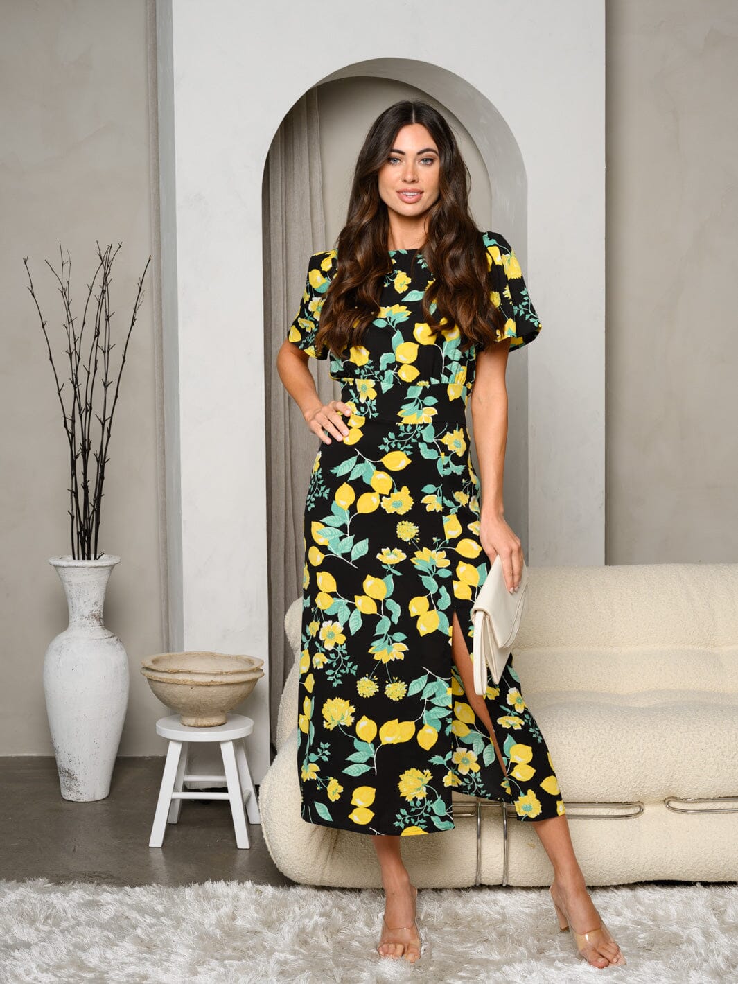 WOMEN'S SHORT SLEEVE FRONT SLIT FLORAL MIDI DRESS