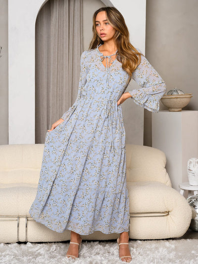 WOMEN'S 3/4 SLEEVE V-NECK FLORAL TIERED MAXI DRESS
