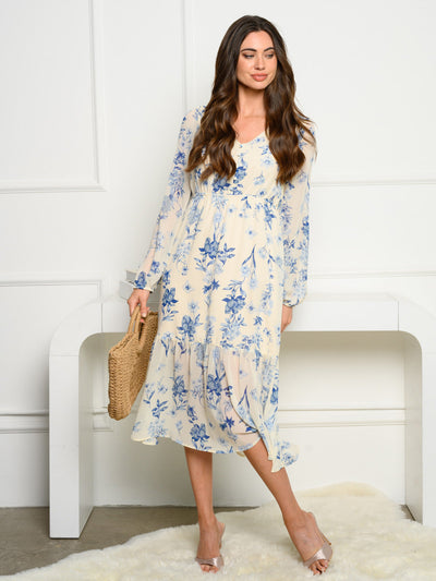 WOMEN'S LONG SLEEVE V-NECK FLORAL TIERED MIDI DRESS
