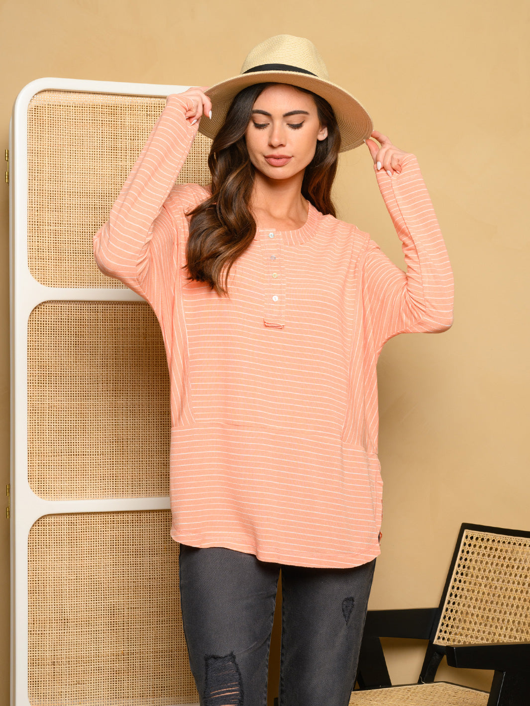 WOMEN'S LONG SLEEVE OVERSIZED STRIPES TOP