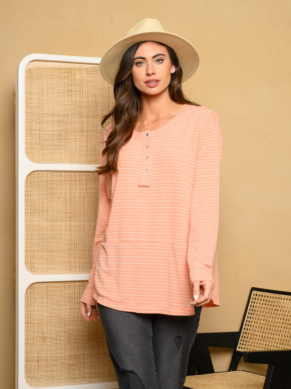 WOMEN'S LONG SLEEVE OVERSIZED STRIPES TOP