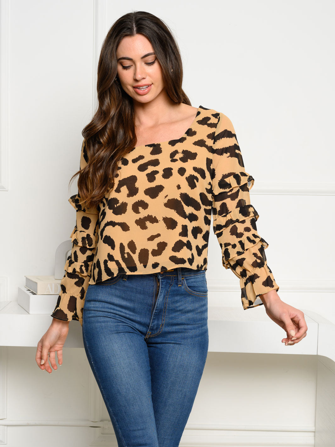 WOMEN'S LONG RUFFLE SLEEVE ANIMAL PRINT TOP – Wholesalefashiontrends.com