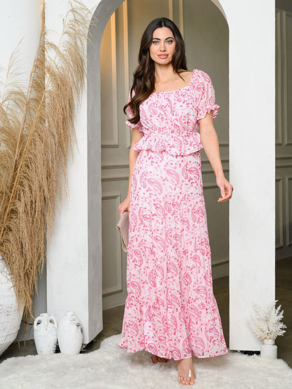 WOMEN'S SHORT SLEEVE PEPLUM TOP & TIERED MAXI SKIRT PAISLEY SET