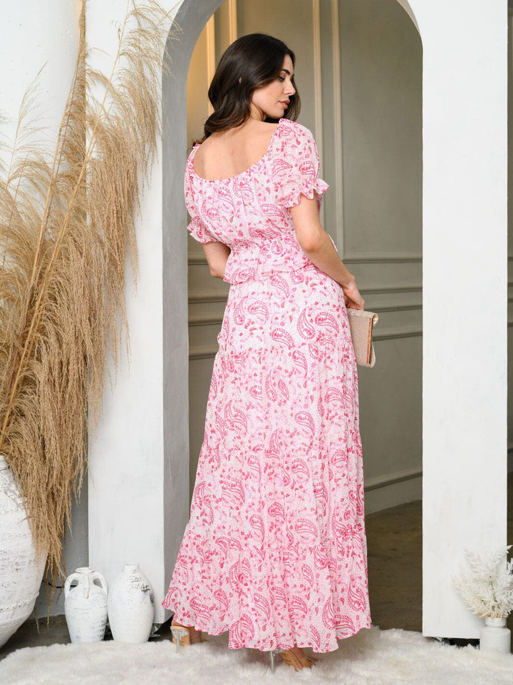 WOMEN'S SHORT SLEEVE PEPLUM TOP & TIERED MAXI SKIRT PAISLEY SET