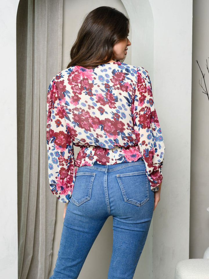 WOMEN'S 3/4 DRAPE SLEEVE V-NECK FLORAL TOP