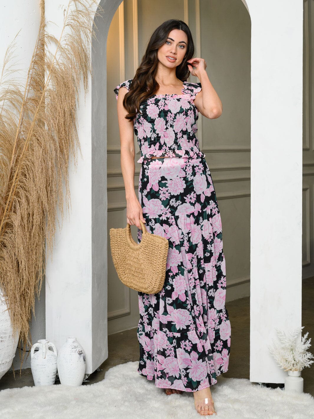 WOMEN'S SLEEVELESS SMOCK TOP & TIERED MAXI SKIRT FLORAL SET