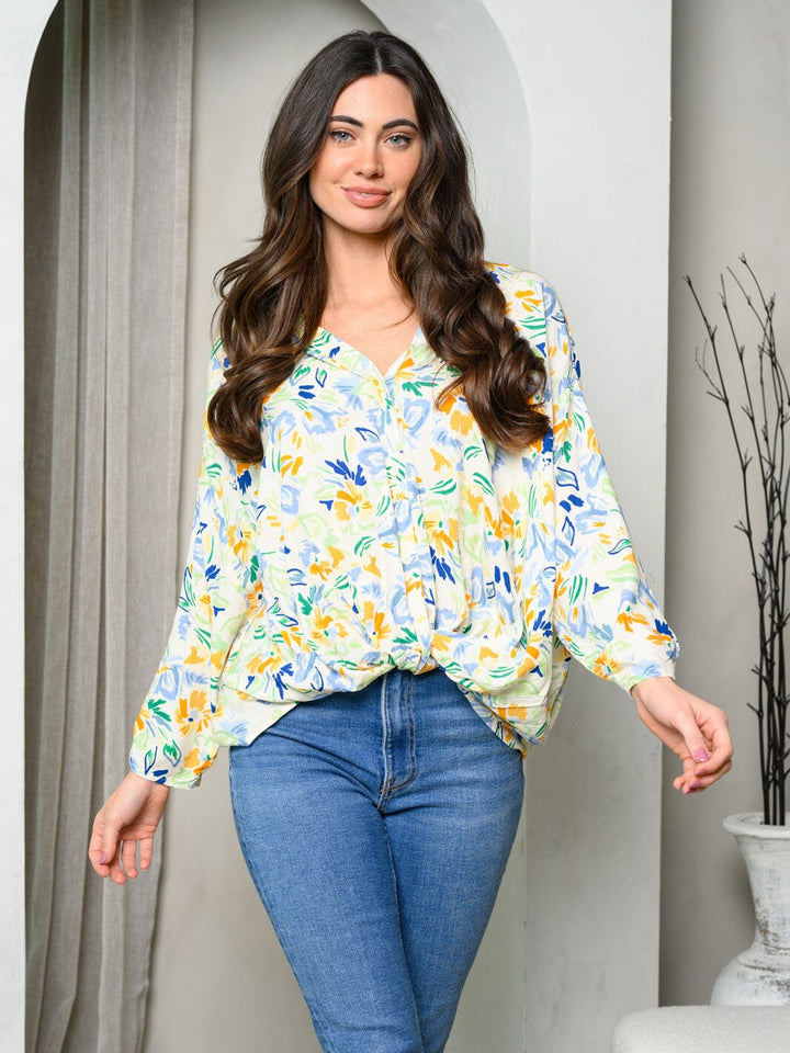 WOMEN'S 3/4 SLEEVE V-NECK BUTTON FLORAL TOP