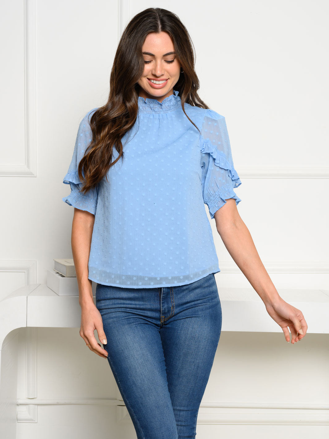 WOMEN'S SHORT SLEEVE SWISS DOT MOCK NECK TOP