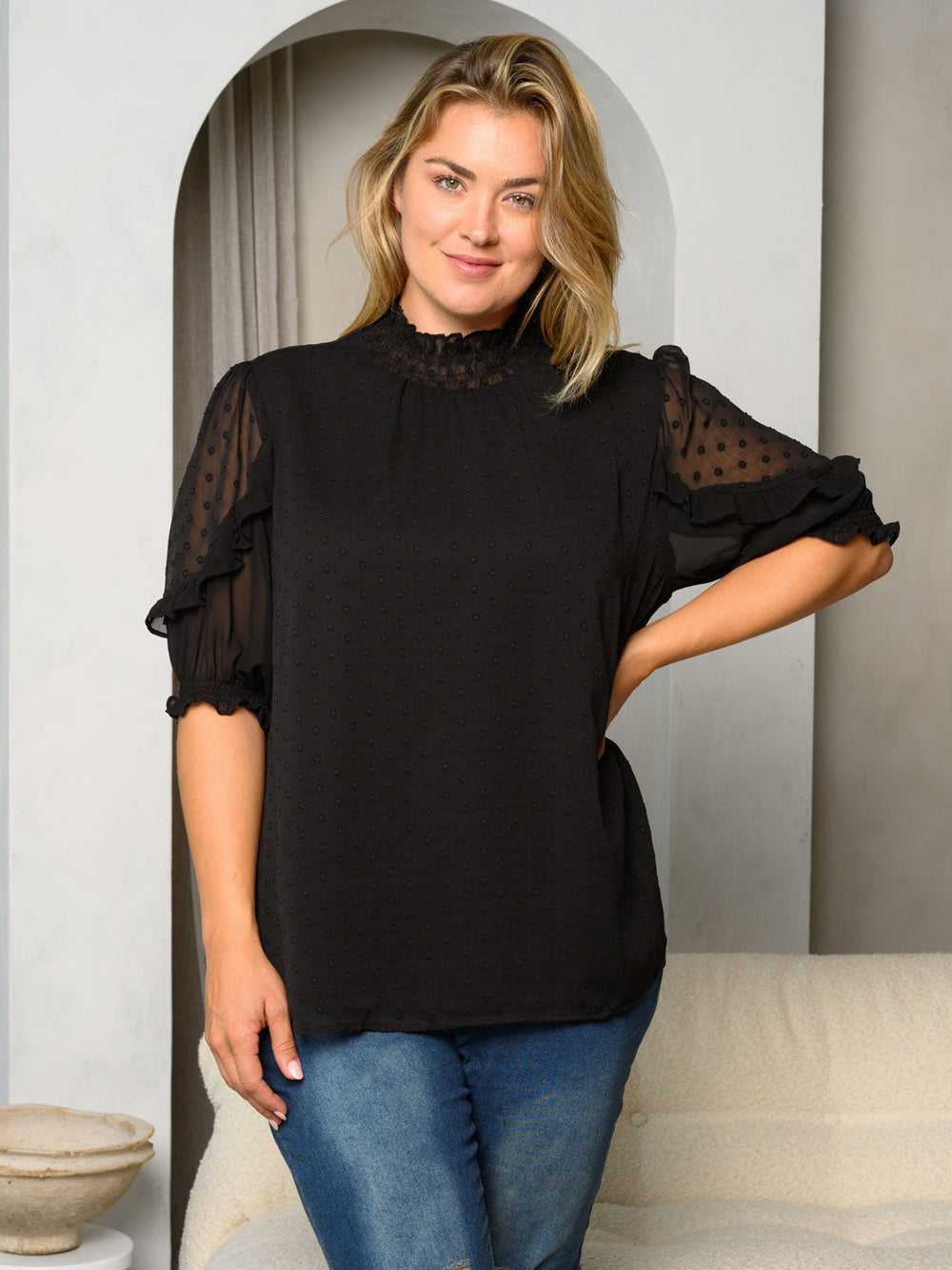 PLUS SIZE SHORT SLEEVE LACE MOCK NECK SWISS DOT TOP