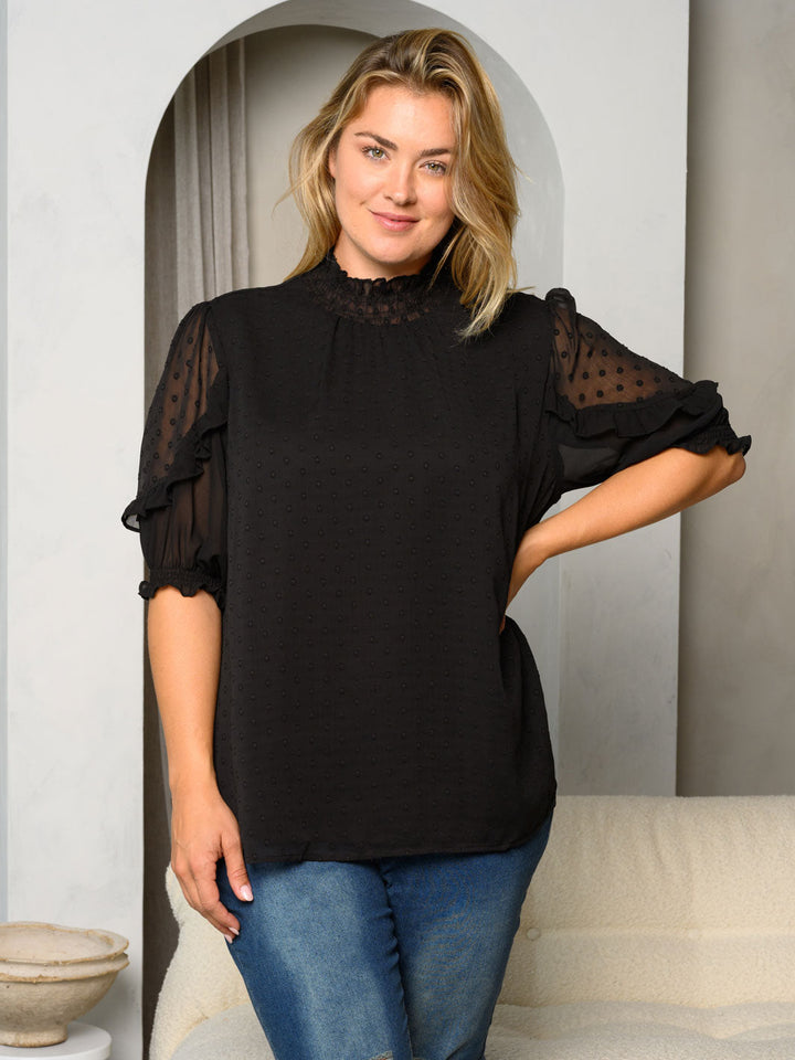 PLUS SIZE SHORT SLEEVE LACE MOCK NECK SWISS DOT TOP