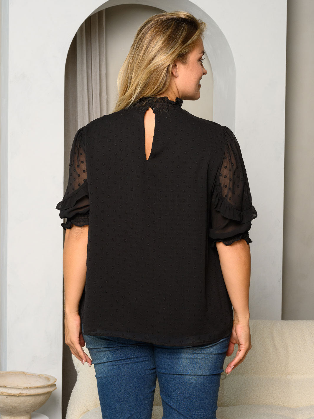 PLUS SIZE SHORT SLEEVE LACE MOCK NECK SWISS DOT TOP