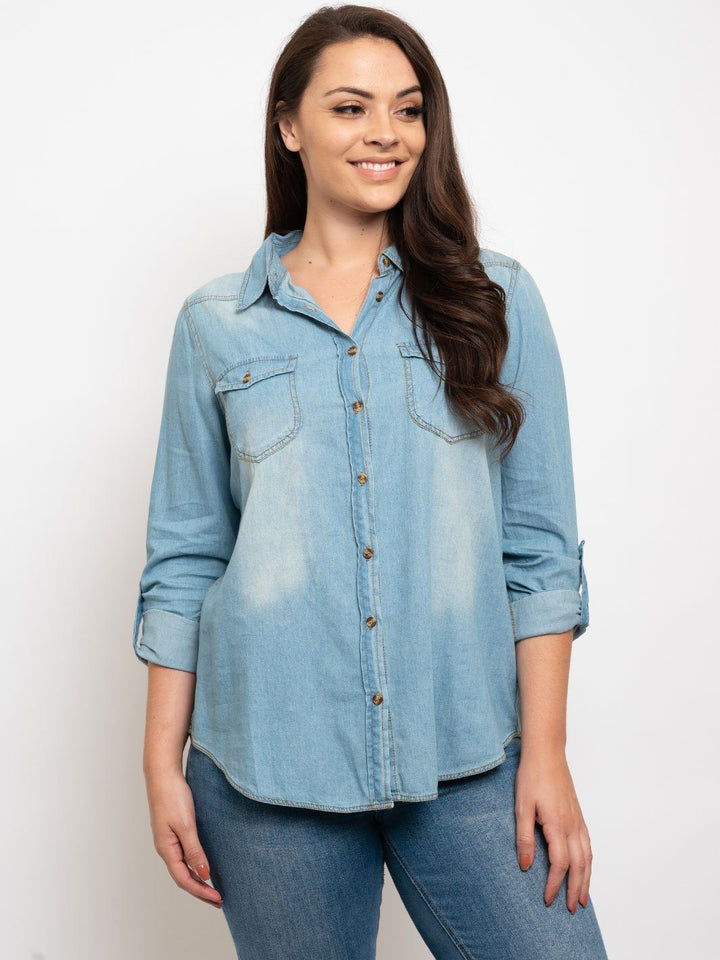 PLUS SIZE BUTTON DOWN DENIM TOP