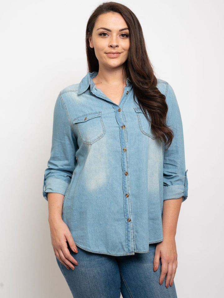 PLUS SIZE BUTTON DOWN DENIM TOP