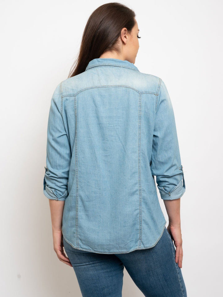 PLUS SIZE BUTTON DOWN DENIM TOP