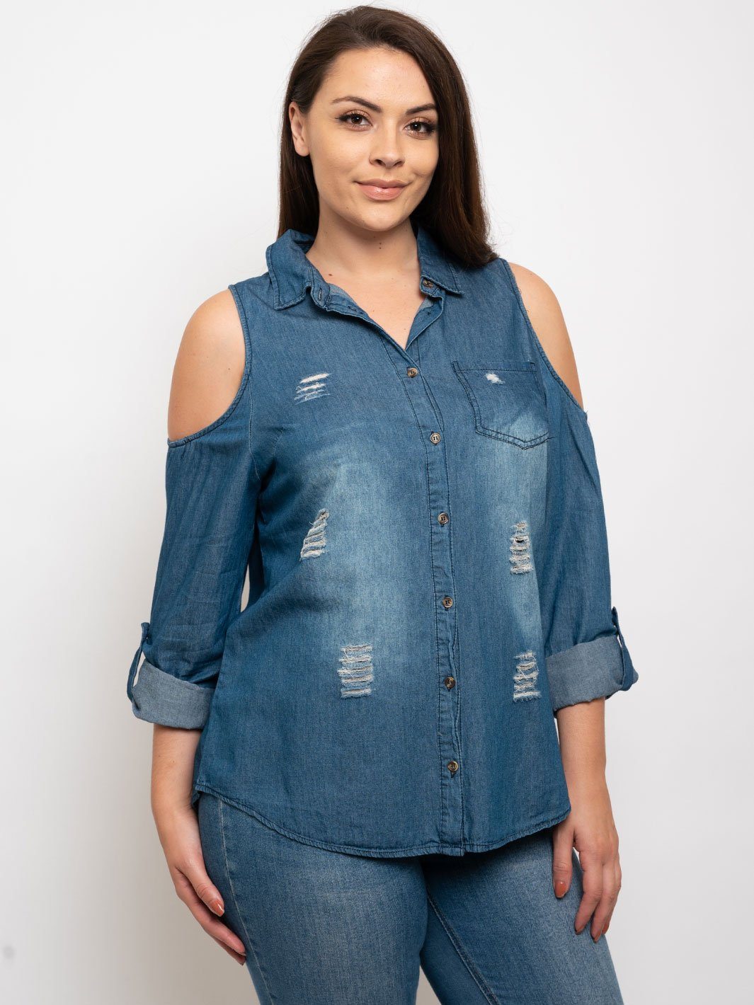 PLUS SIZE COLD SHOULDER DENIM TOP