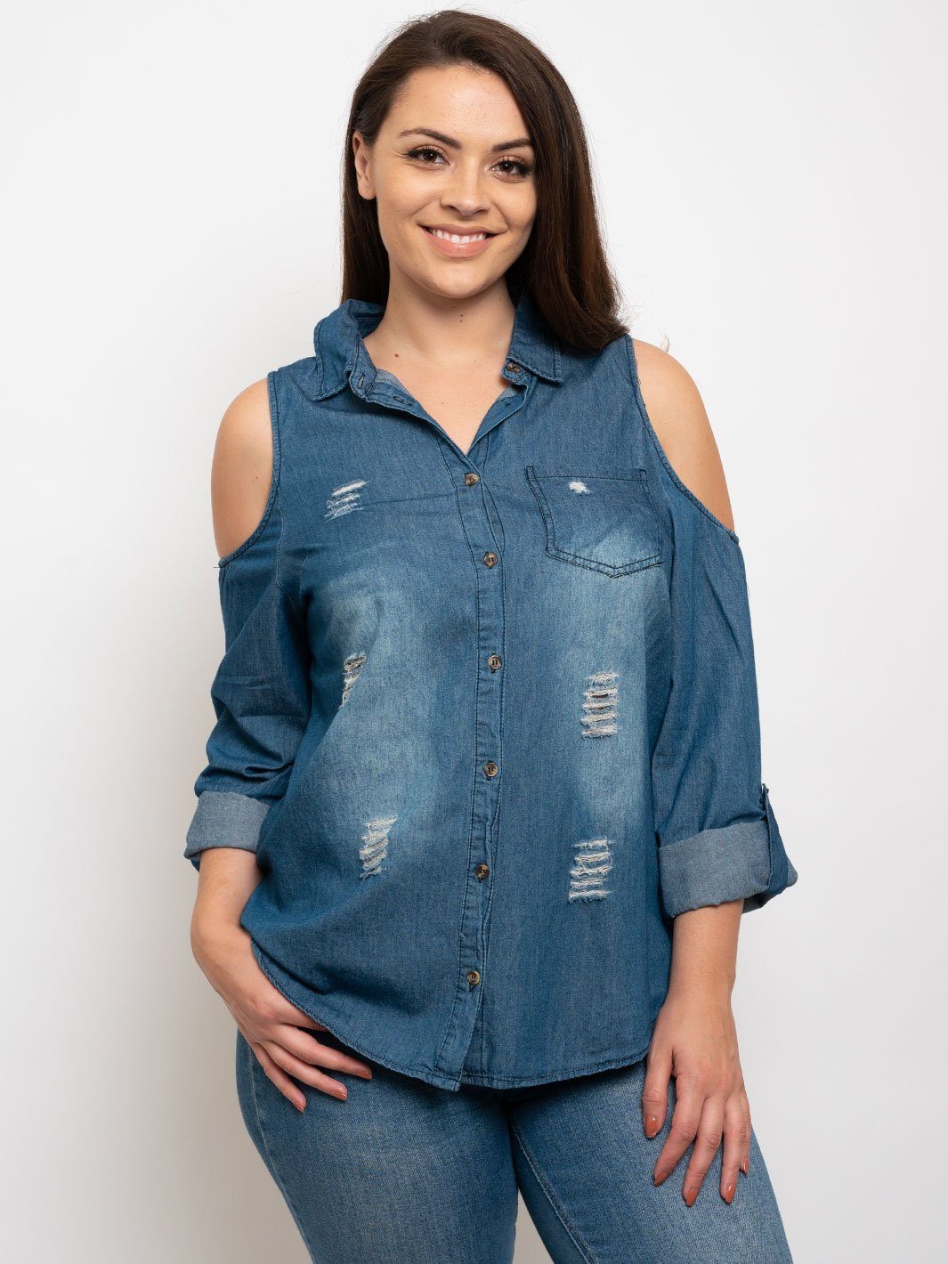 PLUS SIZE COLD SHOULDER DENIM TOP