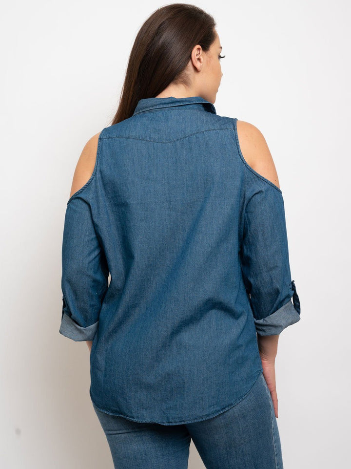 PLUS SIZE COLD SHOULDER DENIM TOP