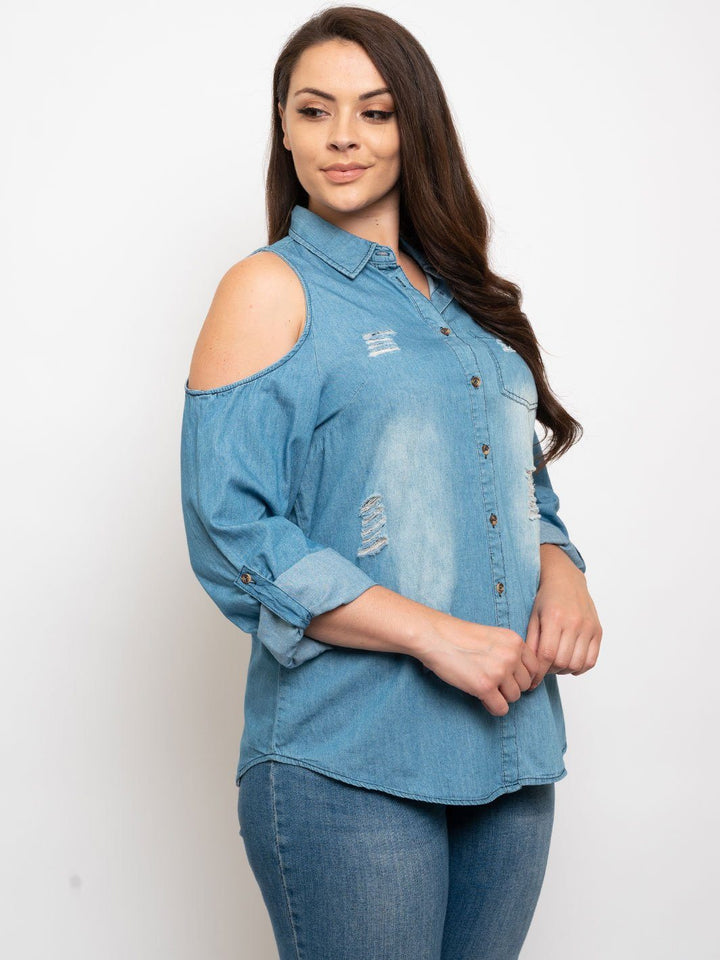 PLUS SIZE COLD SHOULDER DENIM TOP