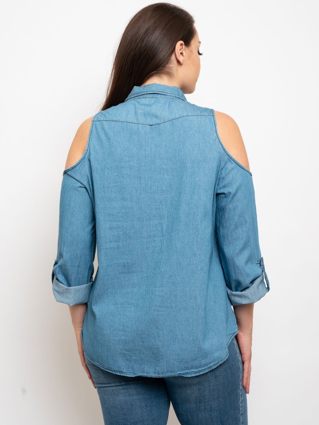 PLUS SIZE COLD SHOULDER DENIM TOP