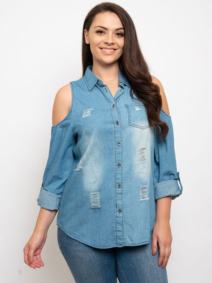PLUS SIZE COLD SHOULDER DENIM TOP