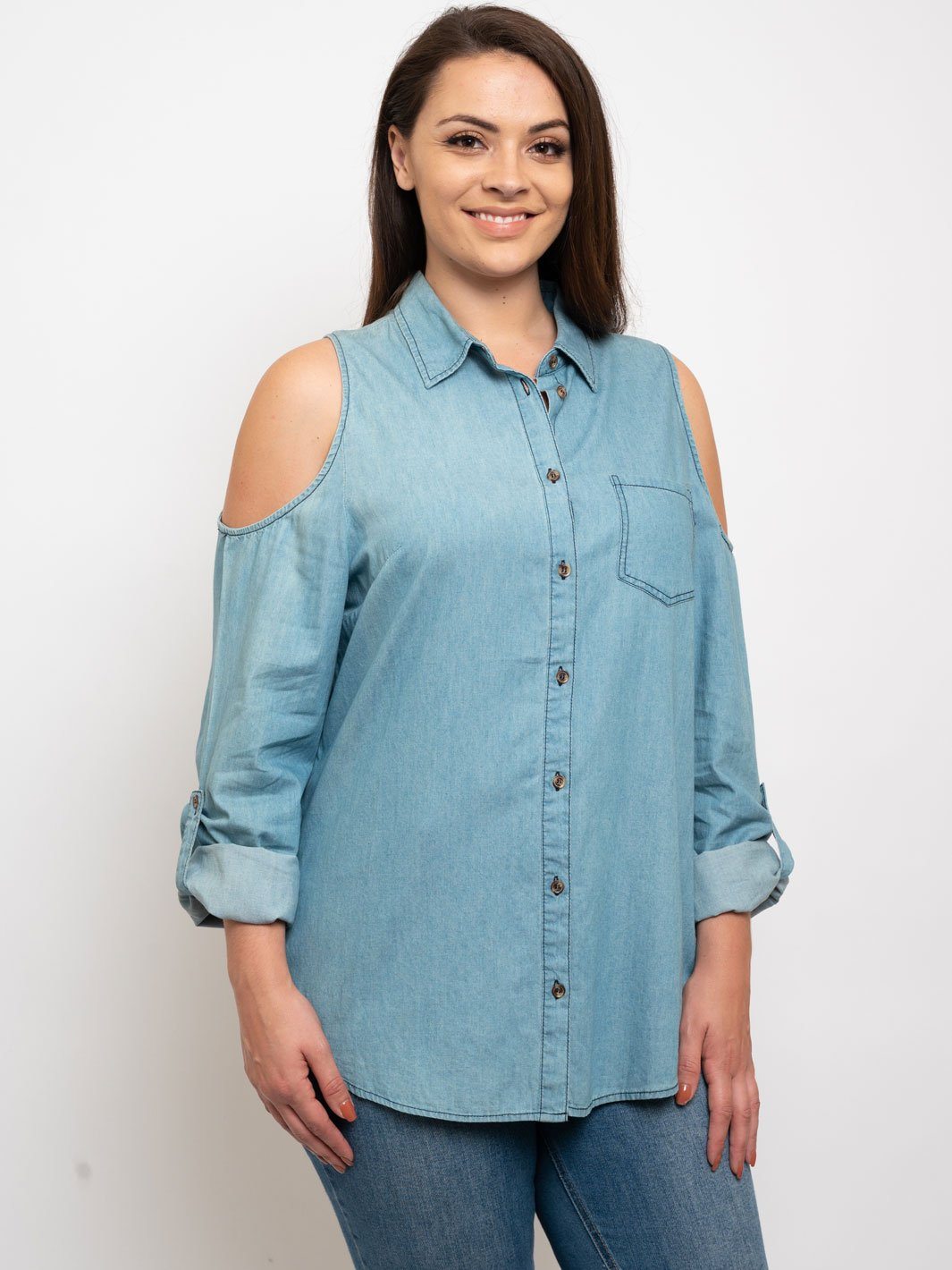 PLUS SIZE COLD SHOULDER BUTTON DOWN DENIM TOP