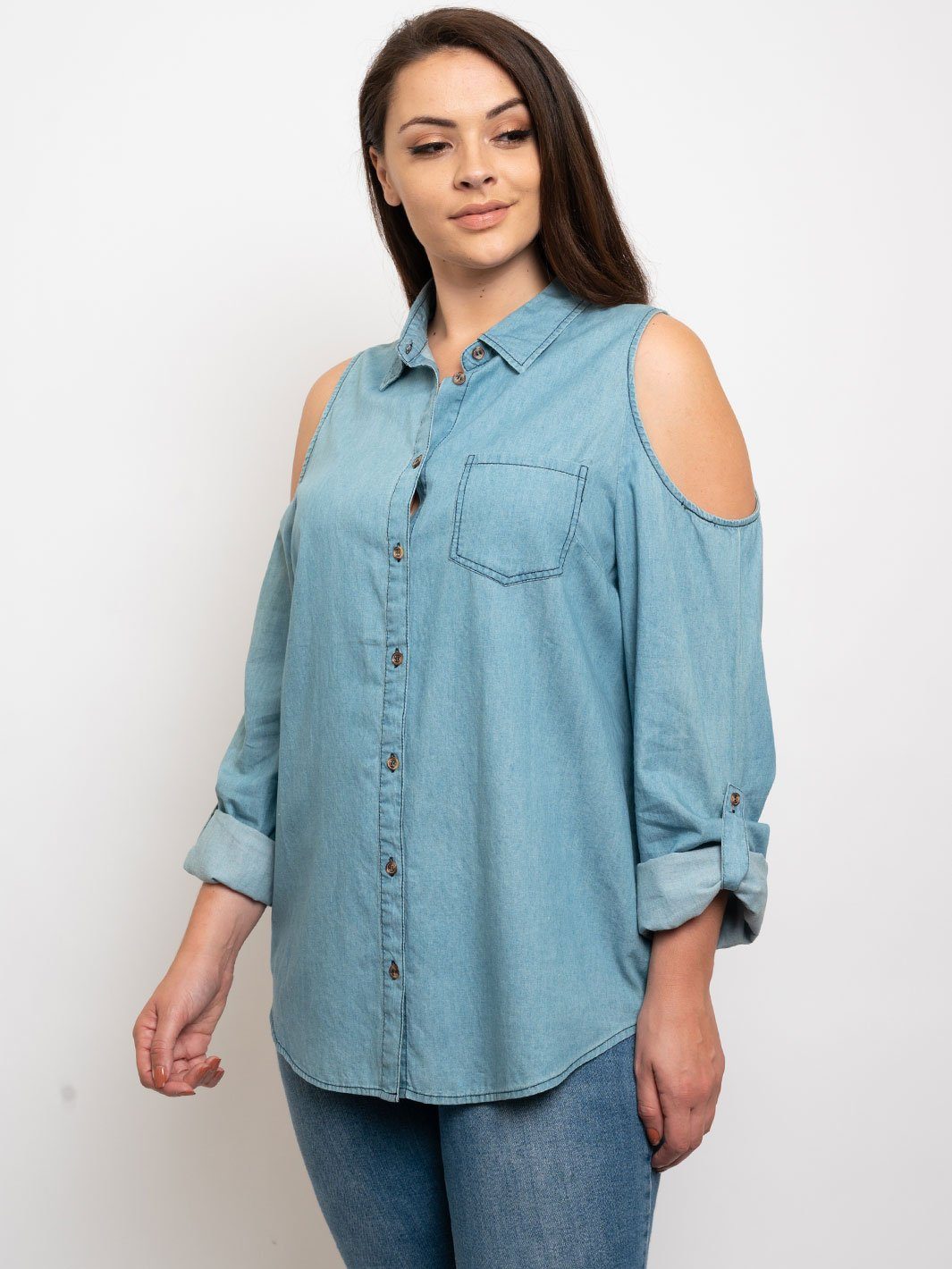 PLUS SIZE COLD SHOULDER BUTTON DOWN DENIM TOP