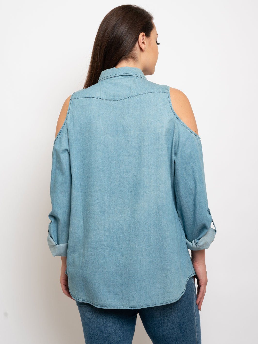 PLUS SIZE COLD SHOULDER BUTTON DOWN DENIM TOP