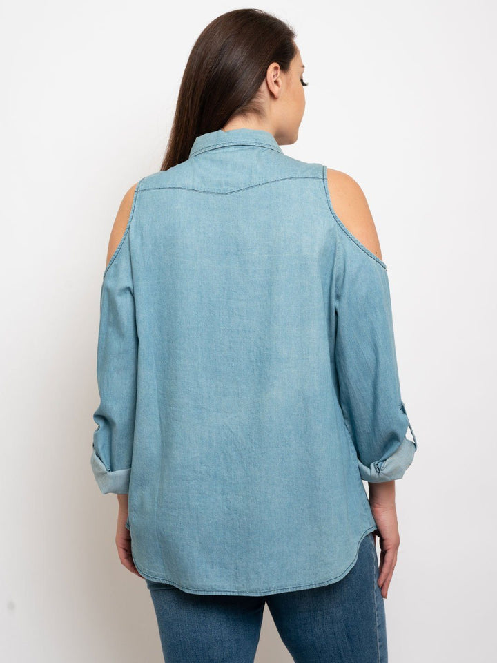 PLUS SIZE COLD SHOULDER BUTTON DOWN DENIM TOP