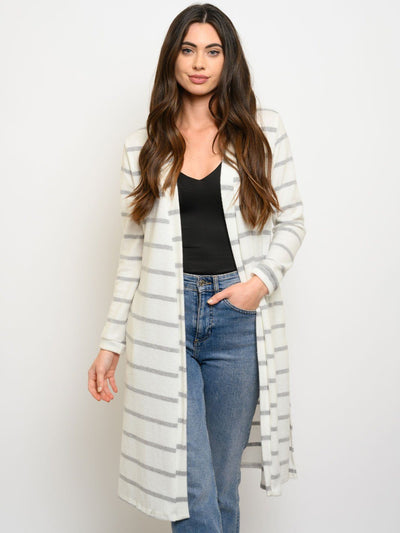 WOMEN'S LONG SLEEVE STRIPES POCKETS CARDIGAN